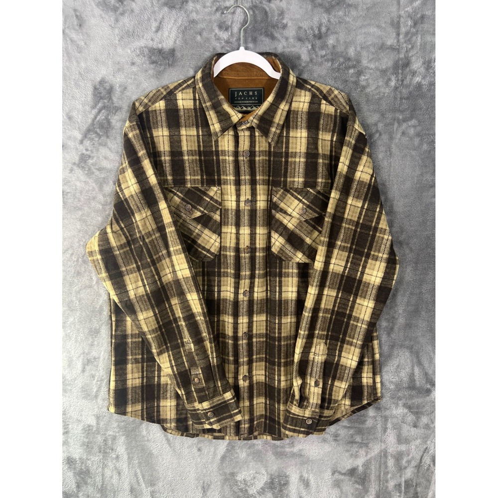 Jachs New York Mens Brown Plaid Flannel Shirt Corduroy Collar Size XL